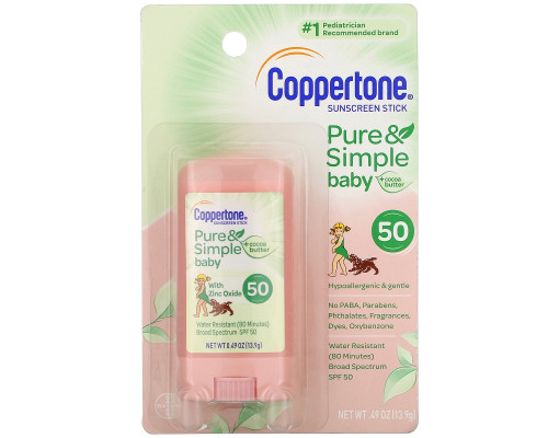 Coppertone, Baby, Pure & Simple, Sunscreen Stick, SPF 50, Cocoa Butter, 0.49 oz (13.9 g) Coppertone, Baby, Pure & Simple, Sunscreen Stick, SPF 50, Cocoa Butter, 0.49 oz (13.9 g)