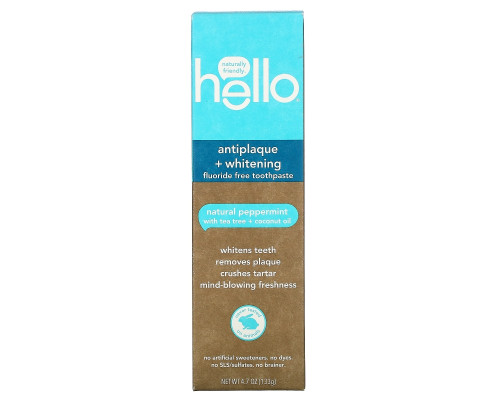 Hello, Antiplaque + Whitening Fluoride Free Toothpaste, Natural Peppermint, 4.7 oz (133 g) Hello, Antiplaque + Whitening Fluoride Free Toothpaste, Natural Peppermint, 4.7 oz (133 g)