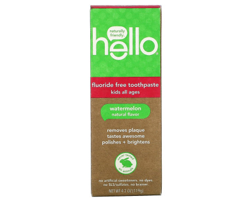 Hello, Детская зубная паста без фтора, натуральный арбуз, 119 г (4.2 oz) Hello, Детская зубная паста без фтора, натуральный арбуз, 119 г (4.2 oz)