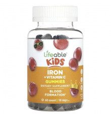 Железо Lifeable, Kids Iron + Vitamin C, виноград, 5 мг, 60 жевательных таблеток