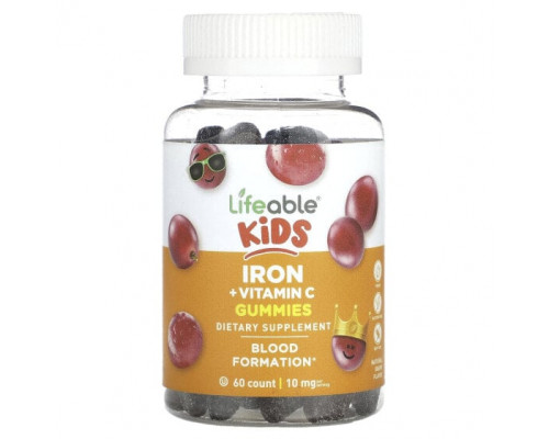 Железо Lifeable, Kids Iron + Vitamin C, виноград, 5 мг, 60 жевательных таблеток Железо Lifeable, Kids Iron + Vitamin C, виноград, 5 мг, 60 жевательных таблеток