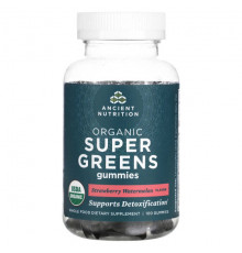 Зелень и зеленые овощи Dr. Axe / Ancient Nutrition, Organic Super Greens, жевательные таблетки с органической зеленью, со вкусом клубники и арбуза, 100 жевательных таблеток