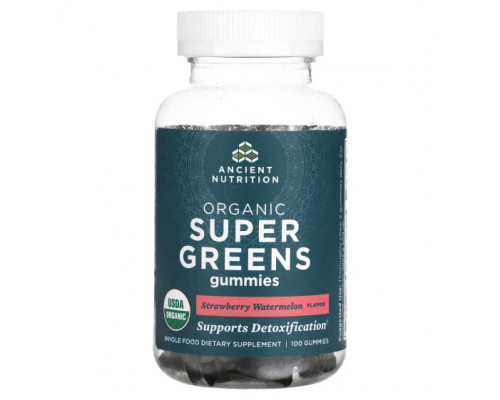 Зелень и зеленые овощи Dr. Axe / Ancient Nutrition, Organic Super Greens, жевательные таблетки с органической зеленью, со вкусом клубники и арбуза, 100 жевательных таблеток Зелень и зеленые овощи Dr. Axe / Ancient Nutrition, Organic Super Greens, жевательные таблетки с органической зеленью, со вкусом клубники и арбуза, 100 жевательных таблеток