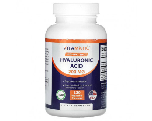 Для здоровья кожи Vitamatic, Высокая эффективность, гиалуроновая кислота, 200 мг, 120 растительных капсул Для здоровья кожи Vitamatic, Высокая эффективность, гиалуроновая кислота, 200 мг, 120 растительных капсул