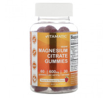 Магний Vitamatic, Веганские жевательные мармеладки с цитратом магния, натуральная малина, 300 мг, 60 жевательных таблеток