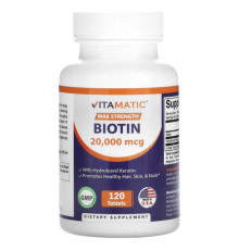 Биотин Vitamatic, Биотин, максимальная эффективность, 20 000 мкг, 120 таблеток
