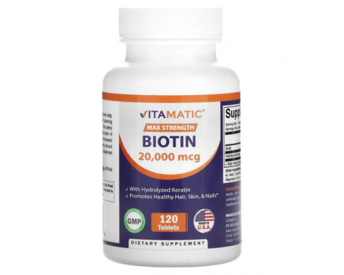 Биотин Vitamatic, Биотин, максимальная эффективность, 20 000 мкг, 120 таблеток Биотин Vitamatic, Биотин, максимальная эффективность, 20 000 мкг, 120 таблеток