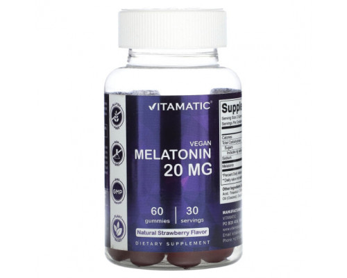 БАДы Vitamatic, Веганский мелатонин, натуральная клубника, 10 мг, 60 жевательных таблеток БАДы Vitamatic, Веганский мелатонин, натуральная клубника, 10 мг, 60 жевательных таблеток