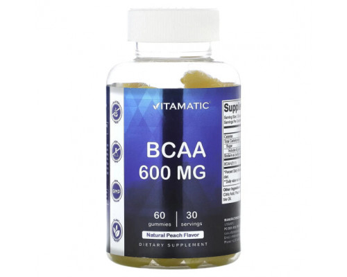 Аминокислоты Vitamatic, BCAA, натуральный персик, 300 мг, 60 жевательных таблеток Аминокислоты Vitamatic, BCAA, натуральный персик, 300 мг, 60 жевательных таблеток