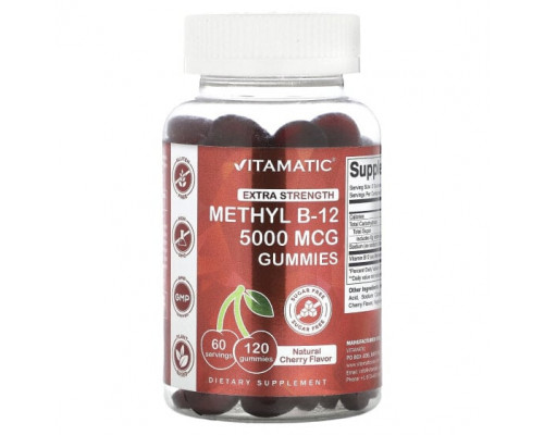 Витамины группы B Vitamatic, Methyl B-12, жевательные таблетки повышенной силы, натуральная вишня, 2500 мкг, 120 жевательных таблеток Витамины группы B Vitamatic, Methyl B-12, жевательные таблетки повышенной силы, натуральная вишня, 2500 мкг, 120 жевательных таблеток