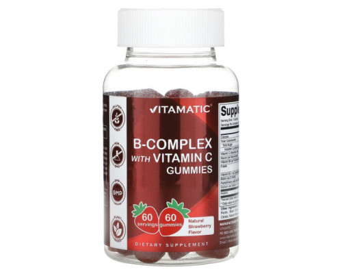 Витамины группы B Vitamatic, Комплекс витаминов группы B с витамином C, жевательные мармеладки, клубника, 60 жевательных таблеток Витамины группы B Vitamatic, Комплекс витаминов группы B с витамином C, жевательные мармеладки, клубника, 60 жевательных таблеток
