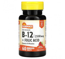 Витамины группы B Sundance Vitamins, быстрорастворимый витамин B12 с фолиевой кислотой, с натуральным ягодным вкусом, 60 быстрорастворимых таблеток