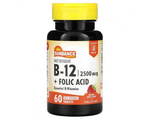 Витамины группы B Sundance Vitamins, быстрорастворимый витамин B12 с фолиевой кислотой, с натуральным ягодным вкусом, 60 быстрорастворимых таблеток Витамины группы B Sundance Vitamins, быстрорастворимый витамин B12 с фолиевой кислотой, с натуральным ягодным вкусом, 60 быстрорастворимых таблеток