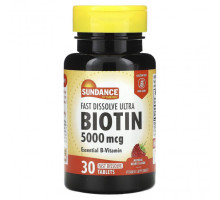 Биотин Sundance Vitamins, Fast Dissolve Ultra Biotin, натуральные ягоды, 5000 мкг, 30 быстрорастворимых таблеток