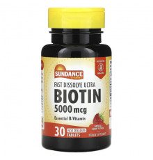 Биотин Sundance Vitamins, Fast Dissolve Ultra Biotin, натуральные ягоды, 5000 мкг, 30 быстрорастворимых таблеток
