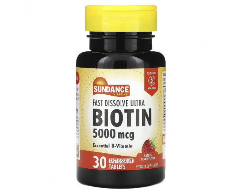 Биотин Sundance Vitamins, Fast Dissolve Ultra Biotin, натуральные ягоды, 5000 мкг, 30 быстрорастворимых таблеток Биотин Sundance Vitamins, Fast Dissolve Ultra Biotin, натуральные ягоды, 5000 мкг, 30 быстрорастворимых таблеток