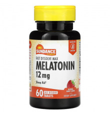 БАДы Sundance Vitamins, Fast Dissolve Max, мелатонин, натуральные ягоды, 12 мг, 60 быстрорастворимых таблеток