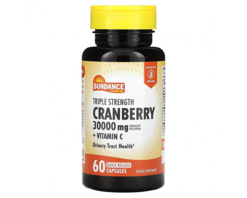 Здоровье мочеполовой системы Sundance Vitamins, клюква с тройной силой действия, 10 000 мг, 60 капсул с быстрым высвобождением Здоровье мочеполовой системы Sundance Vitamins, клюква с тройной силой действия, 10 000 мг, 60 капсул с быстрым высвобождением