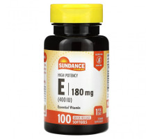Витамин Е Sundance Vitamins, Витамин E, высокая эффективность, 180 мг (400 МЕ), 100 капсул быстрого высвобождения