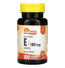 Витамин Е Sundance Vitamins, Витамин E, высокая эффективность, 180 мг (400 МЕ), 100 капсул быстрого высвобождения