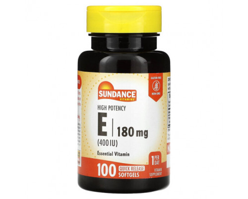 Витамин Е Sundance Vitamins, Витамин E, высокая эффективность, 180 мг (400 МЕ), 100 капсул быстрого высвобождения Витамин Е Sundance Vitamins, Витамин E, высокая эффективность, 180 мг (400 МЕ), 100 капсул быстрого высвобождения