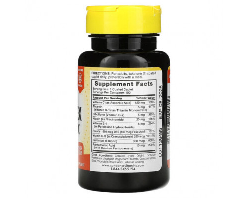 Витамины группы B Sundance Vitamins, Полный комплекс витаминов группы B + витамин C, 100 капсул в оболочке Витамины группы B Sundance Vitamins, Полный комплекс витаминов группы B + витамин C, 100 капсул в оболочке