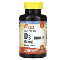 Витамин D Sundance Vitamins, Высокоэффективный витамин D3, 25 мкг (1000 МЕ), 300 капсул быстрого высвобождения