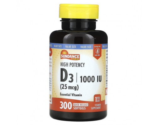 Витамин D Sundance Vitamins, Высокоэффективный витамин D3, 25 мкг (1000 МЕ), 300 капсул быстрого высвобождения Витамин D Sundance Vitamins, Высокоэффективный витамин D3, 25 мкг (1000 МЕ), 300 капсул быстрого высвобождения