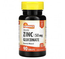Цинк Sundance Vitamins, хелатный глюконат цинка, 50 мг, 90 таблеток