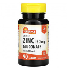 Цинк Sundance Vitamins, хелатный глюконат цинка, 50 мг, 90 таблеток