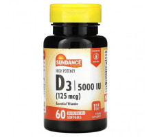 Витамин D Sundance Vitamins, D3, высокая эффективность, 125 мкг (5000 МЕ), 60 капсул быстрого высвобождения
