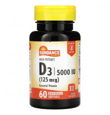 Витамин D Sundance Vitamins, D3, высокая эффективность, 125 мкг (5000 МЕ), 60 капсул быстрого высвобождения