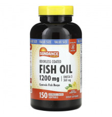 Рыбий жир и Омега 3, 6, 9 Sundance Vitamins, Рыбий жир без запаха, с оболочкой, натуральный лимон, 1200 мг, 150 мягких таблеток