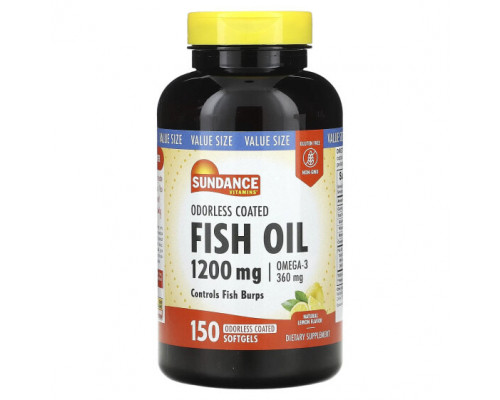 Рыбий жир и Омега 3, 6, 9 Sundance Vitamins, Рыбий жир без запаха, с оболочкой, натуральный лимон, 1200 мг, 150 мягких таблеток Рыбий жир и Омега 3, 6, 9 Sundance Vitamins, Рыбий жир без запаха, с оболочкой, натуральный лимон, 1200 мг, 150 мягких таблеток
