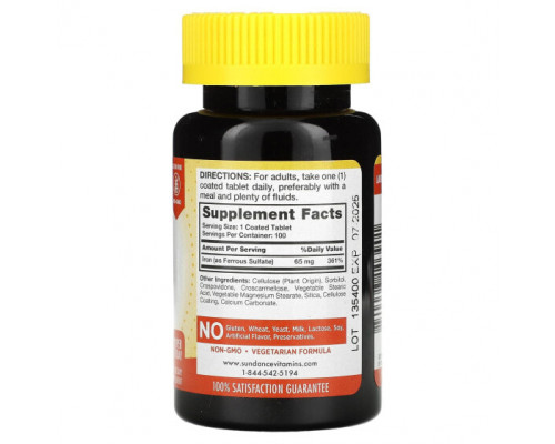 Железо Sundance Vitamins, Железо, 65 мг, 100 таблеток, покрытых оболочкой Железо Sundance Vitamins, Железо, 65 мг, 100 таблеток, покрытых оболочкой