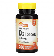 Витамин D Sundance Vitamins, D3, высокая эффективность, 50 мкг (2000 МЕ), 200 капсул быстрого высвобождения
