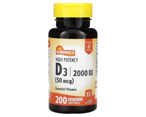Витамин D Sundance Vitamins, D3, высокая эффективность, 50 мкг (2000 МЕ), 200 капсул быстрого высвобождения Витамин D Sundance Vitamins, D3, высокая эффективность, 50 мкг (2000 МЕ), 200 капсул быстрого высвобождения