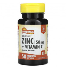 Цинк Sundance Vitamins, Усвояемый цинк + витамин C, 50 капсул быстрого действия