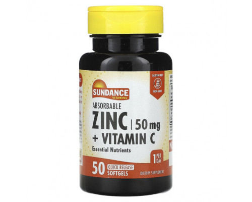 Цинк Sundance Vitamins, Усвояемый цинк + витамин C, 50 капсул быстрого действия Цинк Sundance Vitamins, Усвояемый цинк + витамин C, 50 капсул быстрого действия