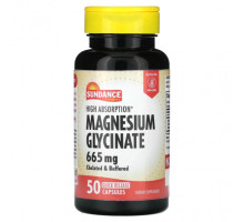 Магний Sundance Vitamins, High Absorption, глицинат магния, 665 мг, 50 капсул с быстрым высвобождением