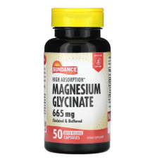 Магний Sundance Vitamins, High Absorption, глицинат магния, 665 мг, 50 капсул с быстрым высвобождением