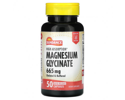 Магний Sundance Vitamins, High Absorption, глицинат магния, 665 мг, 50 капсул с быстрым высвобождением Магний Sundance Vitamins, High Absorption, глицинат магния, 665 мг, 50 капсул с быстрым высвобождением