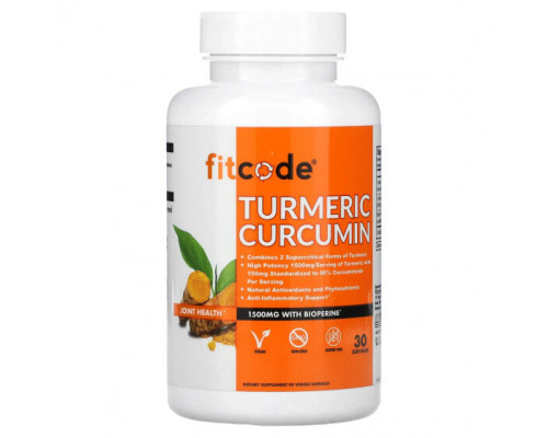 Имбирь и куркума FITCODE, Куркумин, куркумин, 500 мг, 90 растительных капсул Имбирь и куркума FITCODE, Куркумин, куркумин, 500 мг, 90 растительных капсул