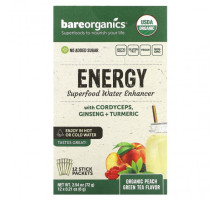 Сохранение молодости и долголетие BareOrganics, Energy, Superfood Water Enhancer, органический зеленый чай с персиком, 12 пакетиков в стиках по 6 г (0,21 унции)