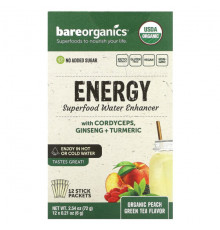 Сохранение молодости и долголетие BareOrganics, Energy, Superfood Water Enhancer, органический зеленый чай с персиком, 12 пакетиков в стиках по 6 г (0,21 унции)