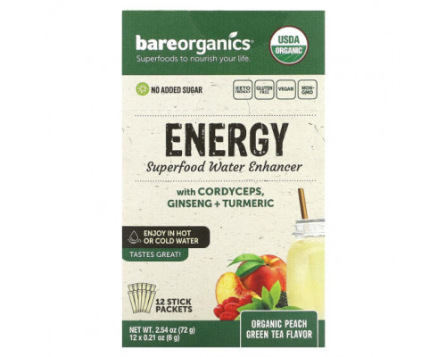 Сохранение молодости и долголетие BareOrganics, Energy, Superfood Water Enhancer, органический зеленый чай с персиком, 12 пакетиков в стиках по 6 г (0,21 унции) Сохранение молодости и долголетие BareOrganics, Energy, Superfood Water Enhancer, органический зеленый чай с персиком, 12 пакетиков в стиках по 6 г (0,21 унции)