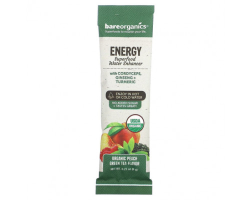 Сохранение молодости и долголетие BareOrganics, Energy, Superfood Water Enhancer, органический зеленый чай с персиком, 12 пакетиков в стиках по 6 г (0,21 унции) Сохранение молодости и долголетие BareOrganics, Energy, Superfood Water Enhancer, органический зеленый чай с персиком, 12 пакетиков в стиках по 6 г (0,21 унции)