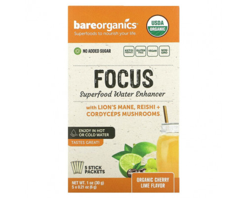 Сохранение молодости и долголетие BareOrganics, Focus, Superfood Water Enhancer, органический вишневый лайм, 5 пакетиков в стиках по 6 г (0,21 унции) Сохранение молодости и долголетие BareOrganics, Focus, Superfood Water Enhancer, органический вишневый лайм, 5 пакетиков в стиках по 6 г (0,21 унции)