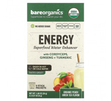 Сохранение молодости и долголетие BareOrganics, Energy, Superfood, добавка воды, органический зеленый чай с персиком, 5 пакетиков в стиках, 6 г (0,21 унции)