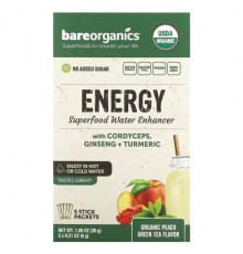 Сохранение молодости и долголетие BareOrganics, Energy, Superfood, добавка воды, органический зеленый чай с персиком, 5 пакетиков в стиках, 6 г (0,21 унции)